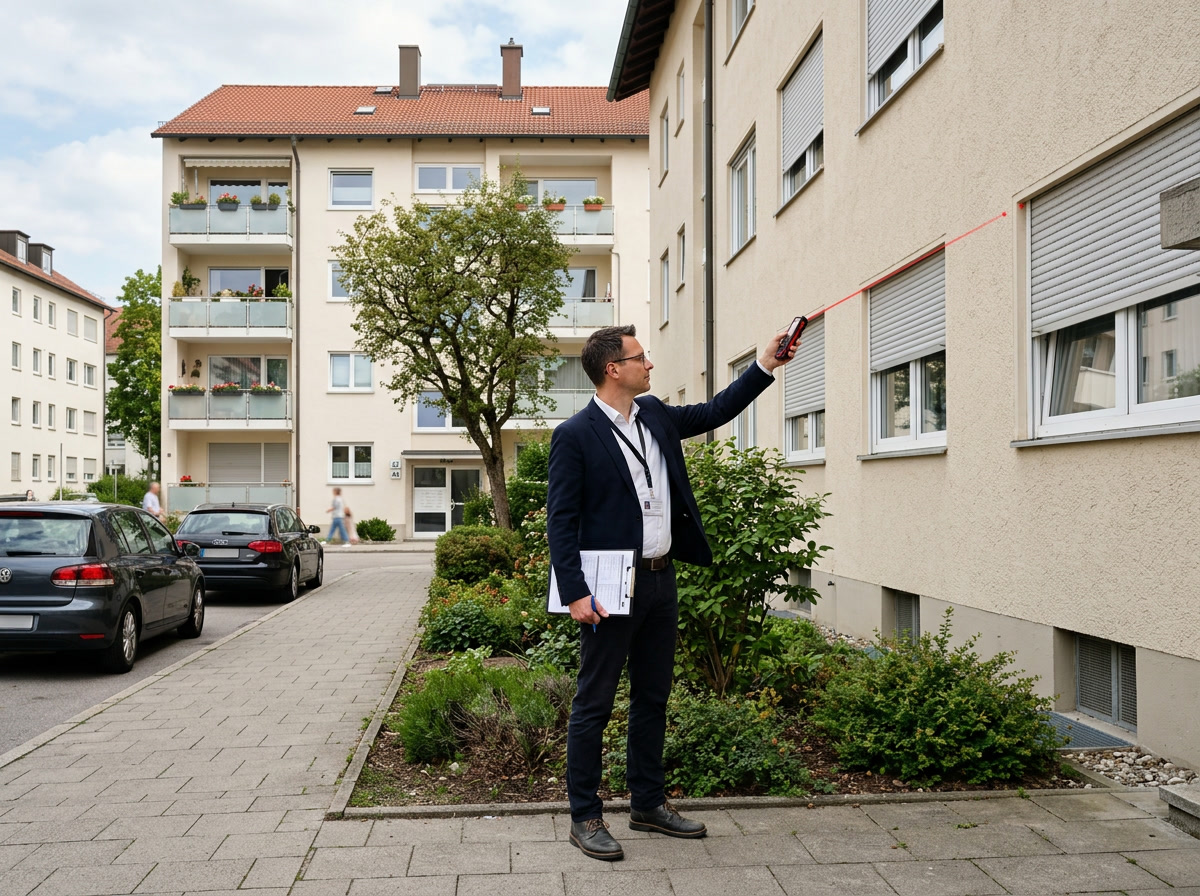 Sachverstaendiger beim Aufmass der Fassade eines Wohngebaeudes in Bruchsal